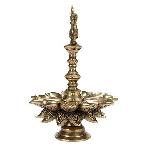 Artvarko 1 Feet Large Brass Peacock Design Multi Oil Wick Diya Lamp Pooja Articles Home Decor Item Showpieces House Warming Wedding Decoration Diwali Pital Dipak Deepam - Image 4