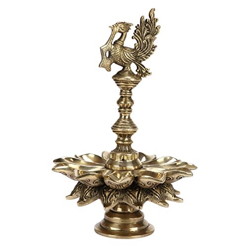 Artvarko 1 Feet Large Brass Peacock Design Multi Oil Wick Diya Lamp Pooja Articles Home Decor Item Showpieces House Warming Wedding Decoration Diwali Pital Dipak Deepam - Image 3