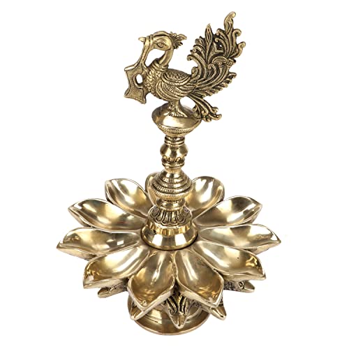 Artvarko 1 Feet Large Brass Peacock Design Multi Oil Wick Diya Lamp Pooja Articles Home Decor Item Showpieces House Warming Wedding Decoration Diwali Pital Dipak Deepam - Image 2