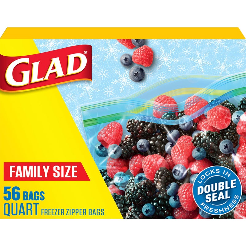Glad Zipper Quart Freezer Bags, Resealable Bags, Multi-purpose Use, 56 Count (Pack of 4) - Image 1
