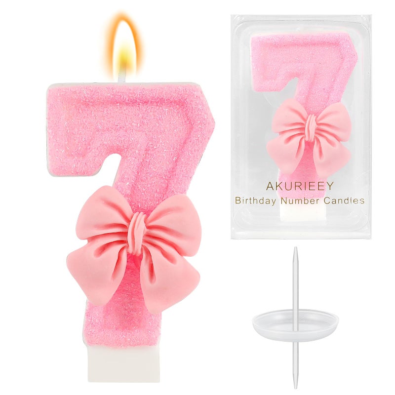 AKURIEEY Pink 7th Birthday Candle Bow Numbers 7 Candle Cake Topper Cupcake Decorations Party Decor for Girls and Women Anniversary Celebrations Supplies - Image 1