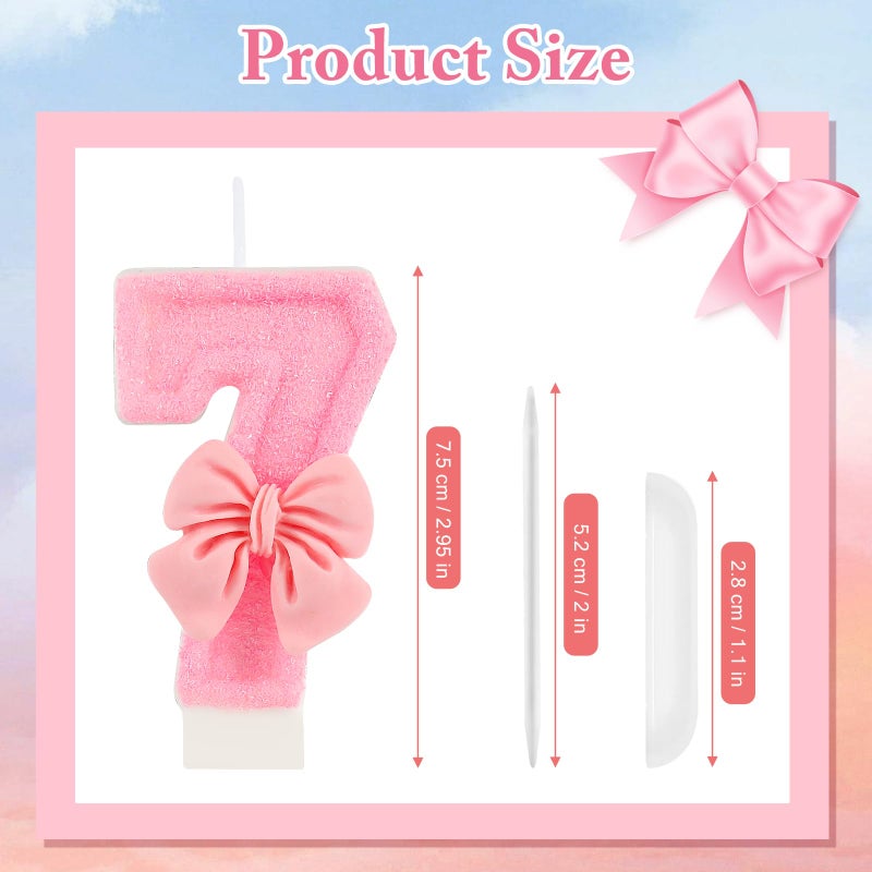 AKURIEEY Pink 7th Birthday Candle Bow Numbers 7 Candle Cake Topper Cupcake Decorations Party Decor for Girls and Women Anniversary Celebrations Supplies - Image 3