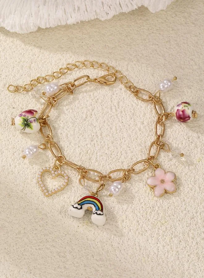 تايك تو Gold Tone Charm Bracelet with Pearls and Floral Accents