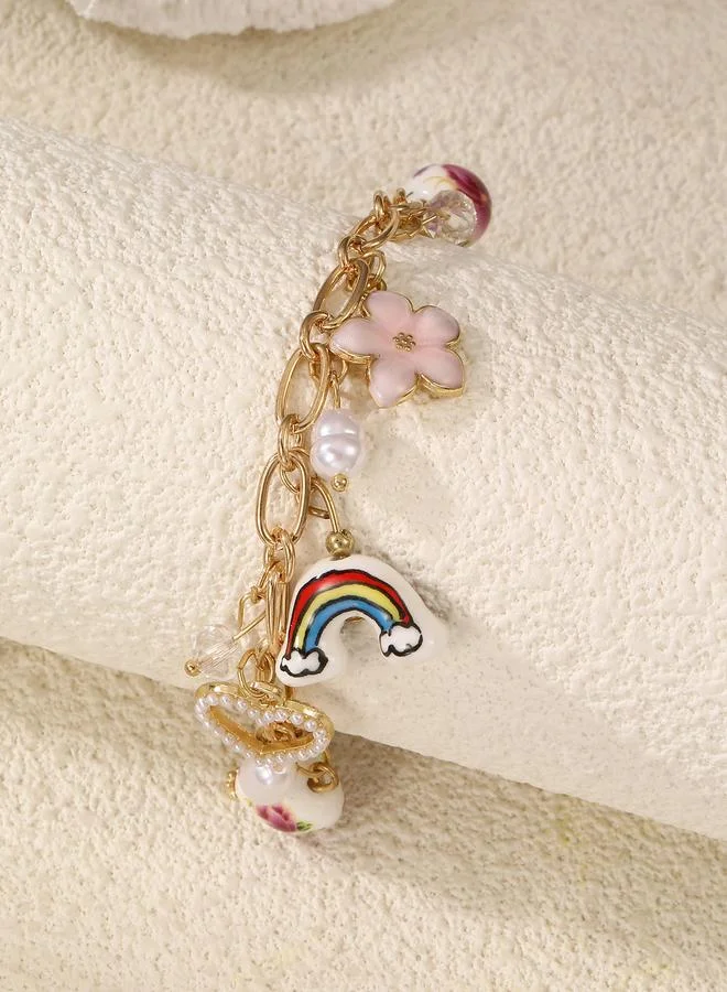 تايك تو Gold Tone Charm Bracelet with Pearls and Floral Accents