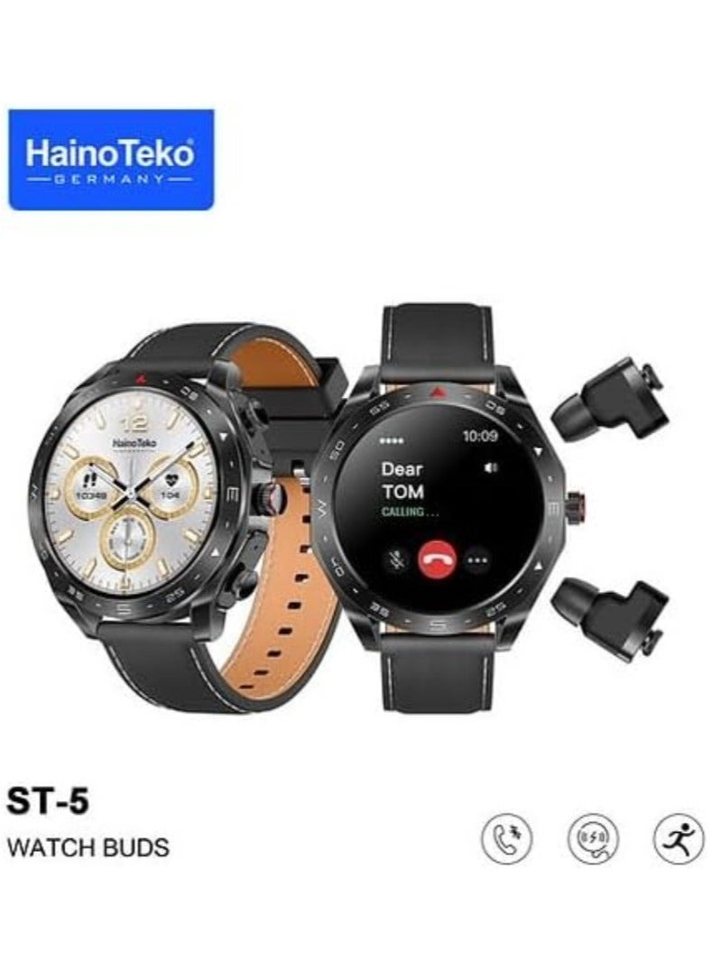 Haino Teko Germany ST5 Watch Buds Round Shape AMOLED Display Smart Watch Bluetooth Earbuds for Mens - Image 1