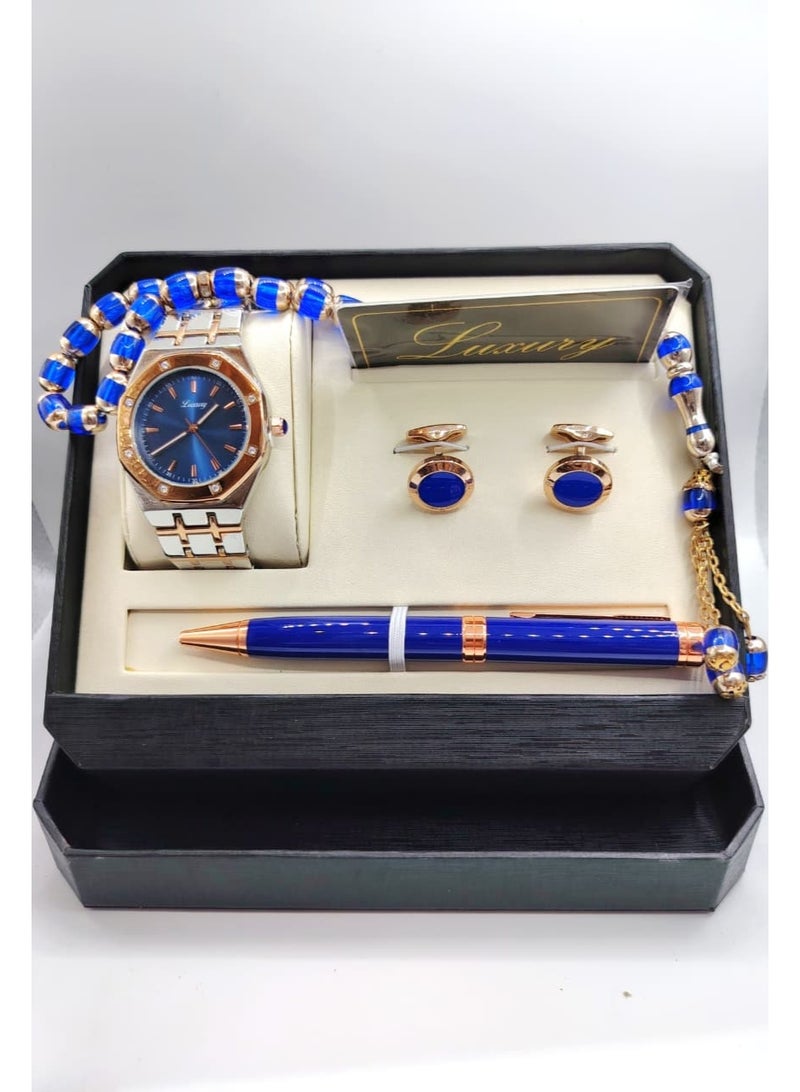 لكجر طقم هدية ساعة رجالية راقية و بجودة عالية ساعة, وقلم, وسبحة, وكبك, سوار فضي وبرونزي مع ميناء أزرق