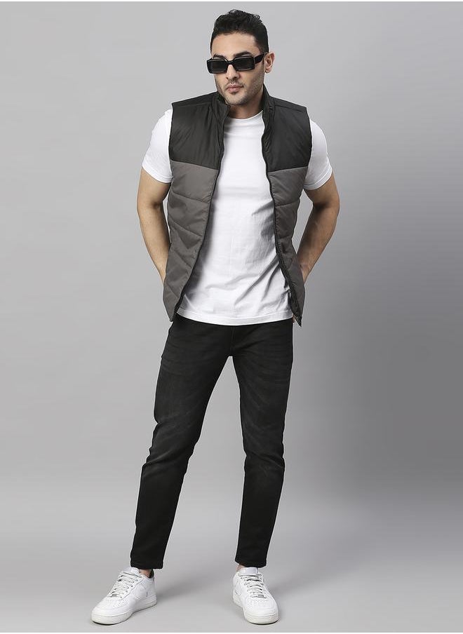 Dennis Lingo Dark Grey Regular Fit Men's Colourblocked Mock Neck Sleeveless Polyester Jacket with Zipper Closure  - Image 1