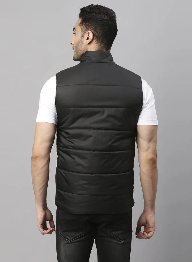 Dennis Lingo Dark Grey Regular Fit Men's Colourblocked Mock Neck Sleeveless Polyester Jacket with Zipper Closure