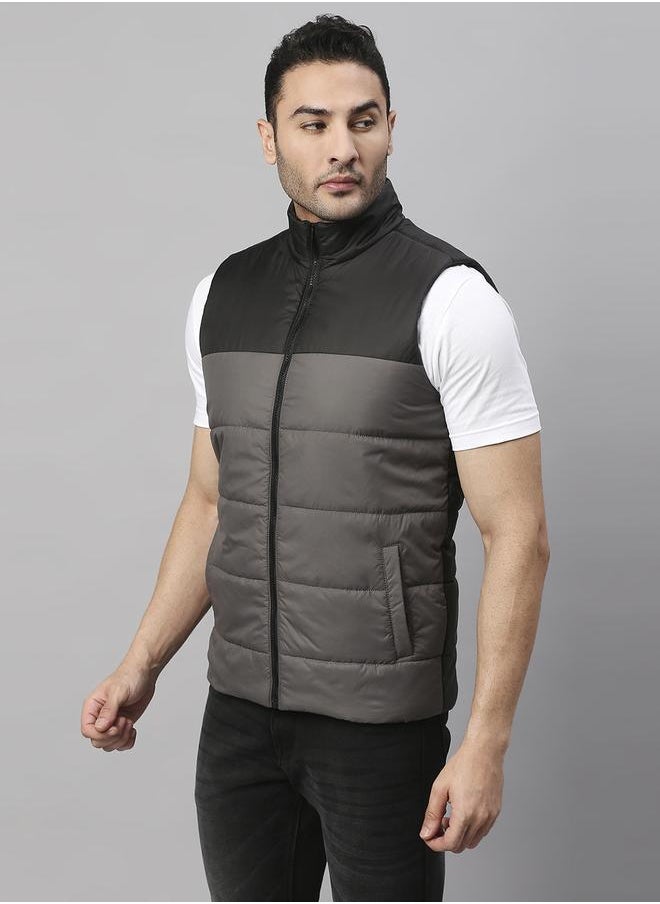 Dennis Lingo Dark Grey Regular Fit Men's Colourblocked Mock Neck Sleeveless Polyester Jacket with Zipper Closure  - Image 2