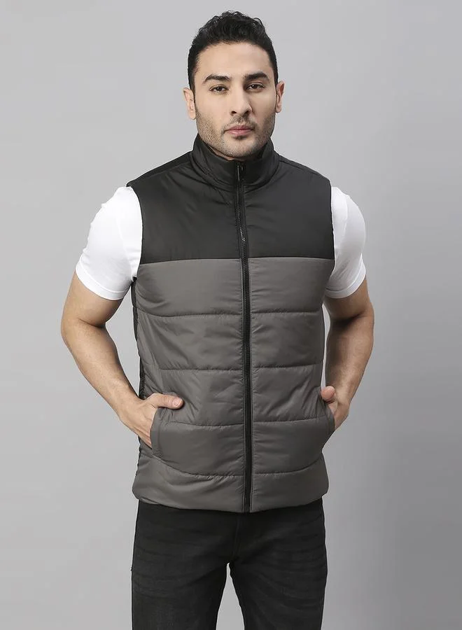 Dennis Lingo Dark Grey Regular Fit Men's Colourblocked Mock Neck Sleeveless Polyester Jacket with Zipper Closure