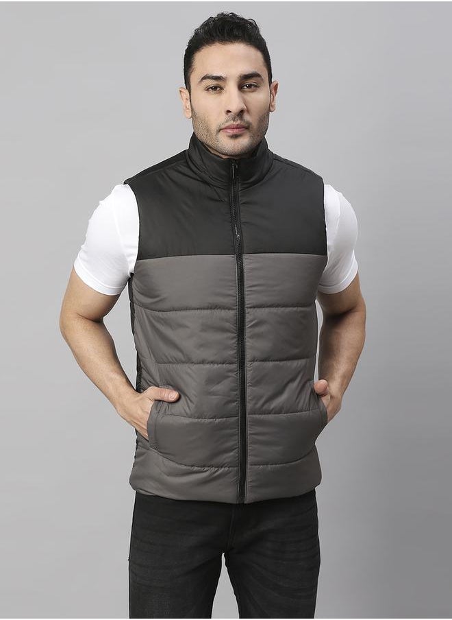 Dennis Lingo Dark Grey Regular Fit Men's Colourblocked Mock Neck Sleeveless Polyester Jacket with Zipper Closure  - Image 5
