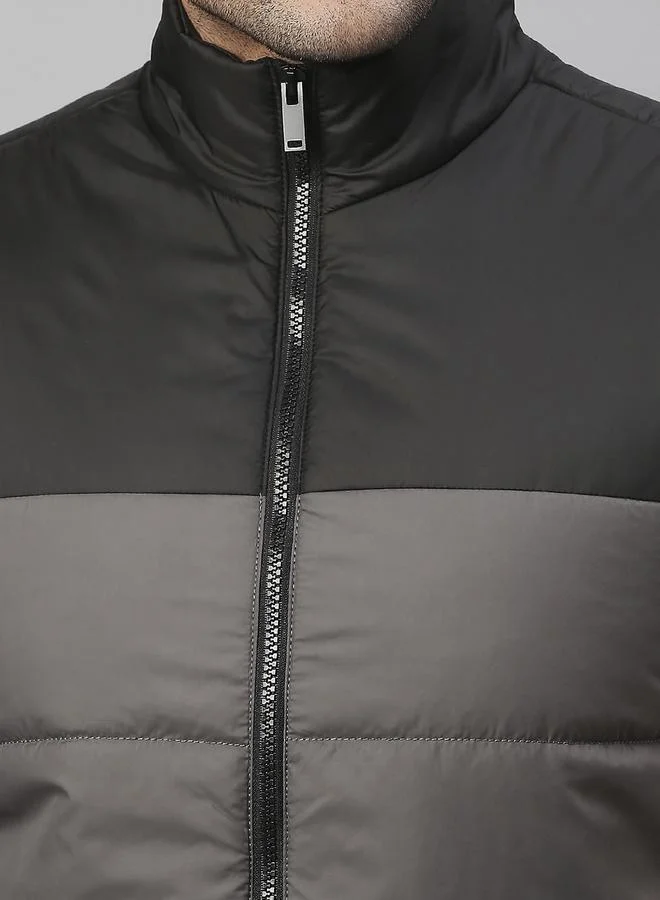 Dennis Lingo Dark Grey Regular Fit Men's Colourblocked Mock Neck Sleeveless Polyester Jacket with Zipper Closure
