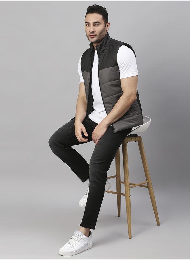 Dennis Lingo Dark Grey Regular Fit Men's Colourblocked Mock Neck Sleeveless Polyester Jacket with Zipper Closure  - Image 3