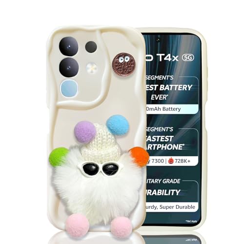 KC Back Cover for Vivo T4x 5G / iQOO Z10x 5G - 3D New Curly Wave Cartoon Fur Ball Specs Character Soft Silicone Case with Camera Protection (White) - Image 4