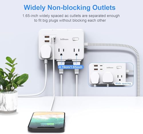 JcBlaon Surge Protector Power Strip 5 Ft Cord, Ultra Thin Flat Extension Cord with 6 Outlets 4 USB Ports(2 USB C), Flat Plug Power Strip, Braided Power Cord for College Dorm Room Essentials - Image 4