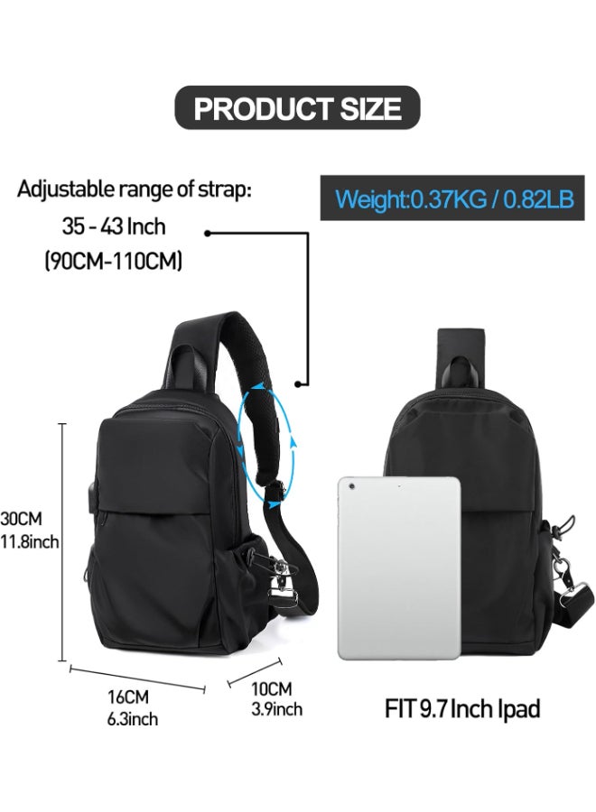 SHABILI Unisex Lightweight Water-Resistant Nylon Cross Bags Sling Backpack, Men and Women Spacious Shoulder and Crossbody Satchel with USB Port, Travel Hiking Cycling Daypack for Daily Commute (Black) - Image 3