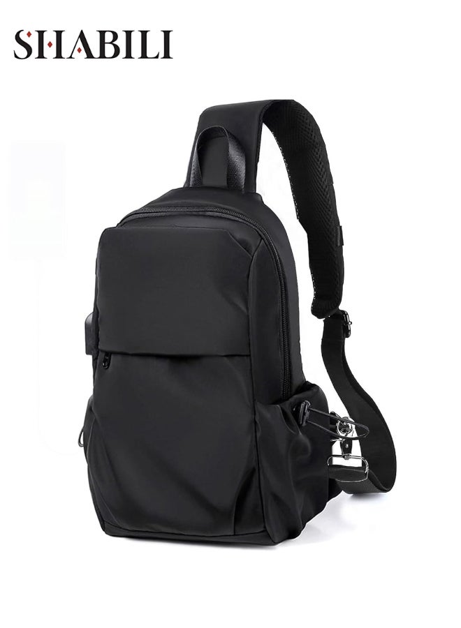 SHABILI Unisex Lightweight Water-Resistant Nylon Cross Bags Sling Backpack, Men and Women Spacious Shoulder and Crossbody Satchel with USB Port, Travel Hiking Cycling Daypack for Daily Commute (Black) - Image 1