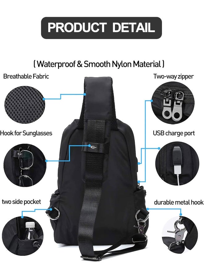 SHABILI Unisex Lightweight Water-Resistant Nylon Cross Bags Sling Backpack, Men and Women Spacious Shoulder and Crossbody Satchel with USB Port, Travel Hiking Cycling Daypack for Daily Commute (Black) - Image 2