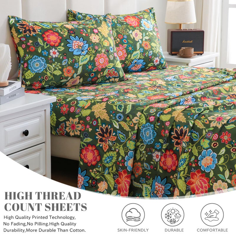 Bedlifes Queen Sheet Set Ultra Soft, Breathable, Silky Flower Deep Pocket 100% Microfiber Bedding, 4 Piece Queen Size with Floral Dark Green - Image 2