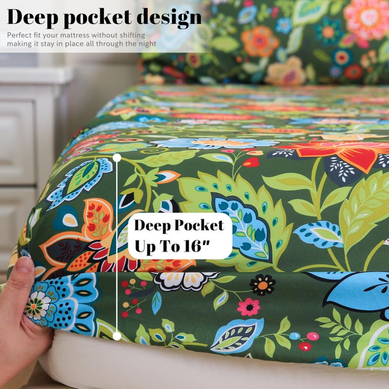 Bedlifes Queen Sheet Set Ultra Soft, Breathable, Silky Flower Deep Pocket 100% Microfiber Bedding, 4 Piece Queen Size with Floral Dark Green - Image 4