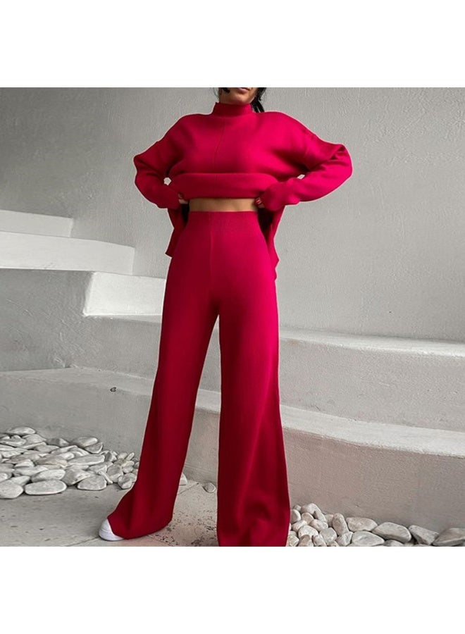 NIBEMINENT Split Turtleneck Women Sweater Suit Winter Solid Loose Casual Wide Leg Pants Female Two Piece Set Elegant Knit Tops Outfits - Image 2