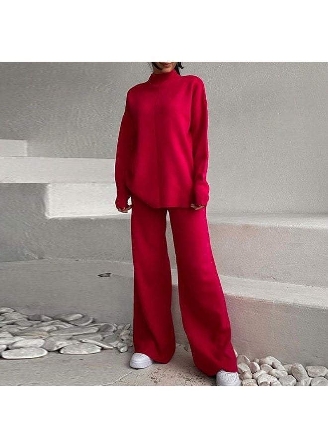 NIBEMINENT Split Turtleneck Women Sweater Suit Winter Solid Loose Casual Wide Leg Pants Female Two Piece Set Elegant Knit Tops Outfits - Image 1