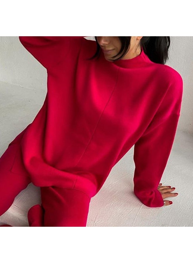 NIBEMINENT Split Turtleneck Women Sweater Suit Winter Solid Loose Casual Wide Leg Pants Female Two Piece Set Elegant Knit Tops Outfits - Image 3