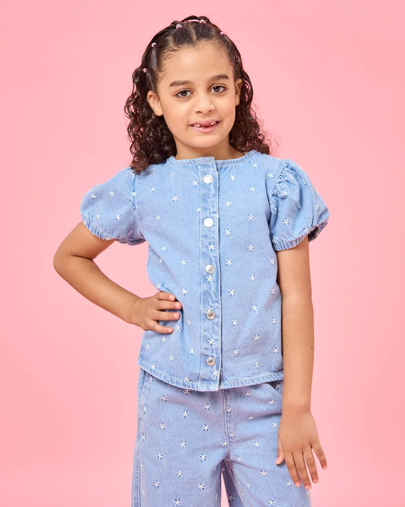 Redtag Girls Blue Embroidery Puff Sleeve Blouse