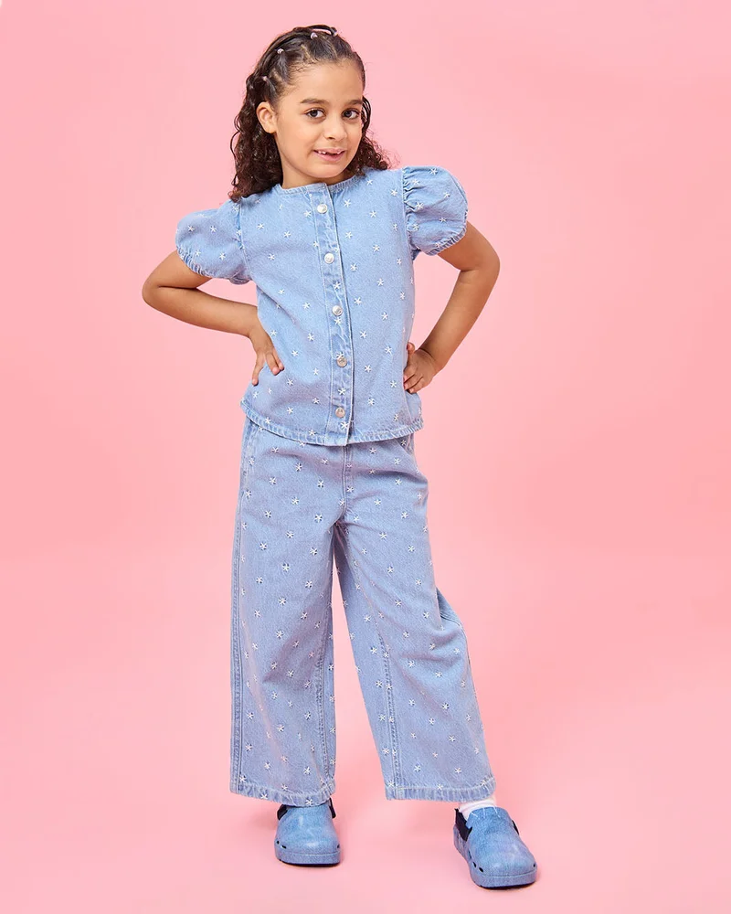 Redtag Girls Blue Embroidery Puff Sleeve Blouse