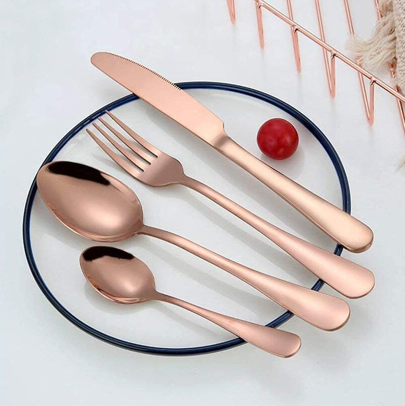 VIKIJO Pack of 16 Mirror Finish Rose Gold Plated Stainless Steel Flatware Set Copper Silverware Set Copper Color Cutlery Sets - Image 1