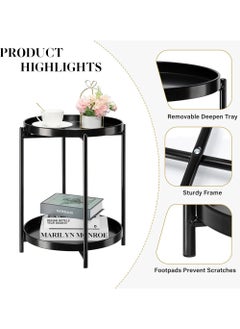 YOUGE 2 Tier End Table - Metal Side Table Waterproof Small Sofa Coffee Side Tables Bedroom Indoor Outdoor with Removable Tray for Living Room Bedroom Balcony and Office  - Image 2