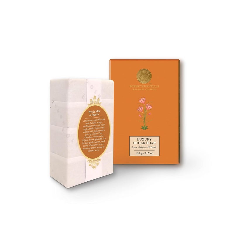 Forest Essentials صابون الغابات الأساسية بالليمون والزعفران والعطر اليدوي الأيورفيدي ينظف بلطف ويطرّي البشرة مع الزيوت الطبيعية وسكر القصب الخام - Image 2
