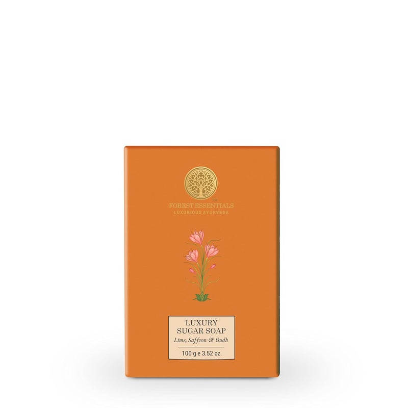 Forest Essentials صابون الغابات الأساسية بالليمون والزعفران والعطر اليدوي الأيورفيدي ينظف بلطف ويطرّي البشرة مع الزيوت الطبيعية وسكر القصب الخام - Image 1