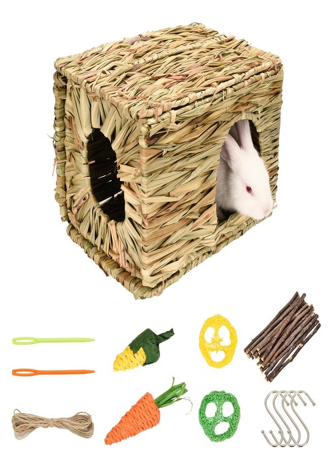 S SANGLE SOPFFY Grass House for Rabbits,Sangle Sopffy,Hand Woven Bunny Grass House,Natural Grass Hideaway for Bunny Guinea Pig Chinchilla Ferret Hamster Squirrel with Rabbit Chew Toys (1 Set, 11.8 * 7.8 * 7.8 inch) - Image 1
