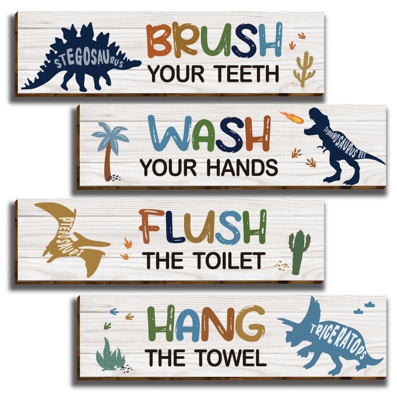 HIWERAN 4 Pcs Watercolor Dinosaur Bathroom Decor, Inspirational Dinosaur Wall Art for Boys Kids, (11.8â€X3â€), Toddler Bathroom Decor, Works of art Made of Wood, Works of Art of Wood, Placards of Woods - Image 1