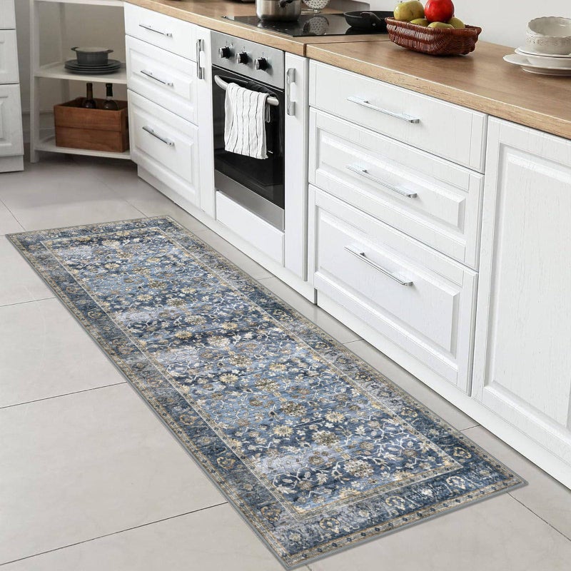 KUTA Vintage Washable Runner Rug, 2x6 Blue Grey Beige Runners for Hallways Non-Slip Kitchen Rugs Ultra Thin Soft Printed Oriental Floral Floor Carpet for Laundry Bedroom Living Room Nursery - Image 2