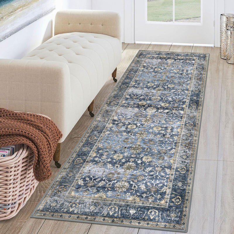 KUTA Vintage Washable Runner Rug, 2x6 Blue Grey Beige Runners for Hallways Non-Slip Kitchen Rugs Ultra Thin Soft Printed Oriental Floral Floor Carpet for Laundry Bedroom Living Room Nursery - Image 1