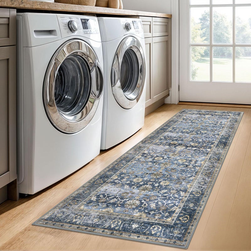 KUTA Vintage Washable Runner Rug, 2x6 Blue Grey Beige Runners for Hallways Non-Slip Kitchen Rugs Ultra Thin Soft Printed Oriental Floral Floor Carpet for Laundry Bedroom Living Room Nursery - Image 3