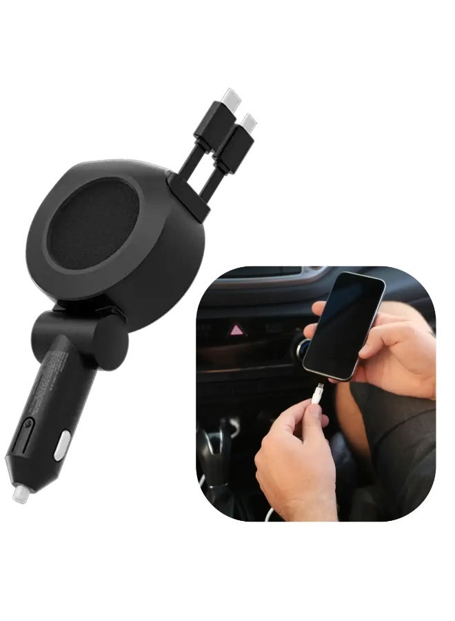 ليفيلو شاحن سيارة جلد سافيانو 4 في 1 لون أسود، شحن سريع للآيفون والأندرويد في سيارات 12–24 فولت، تايب سي PD 30 واط، سلكين تايب سي قابلين للسحب 80 سم، منفذ يو اس بي 18 واط، مؤشر فولتية LED، حماية أمان - Image 1