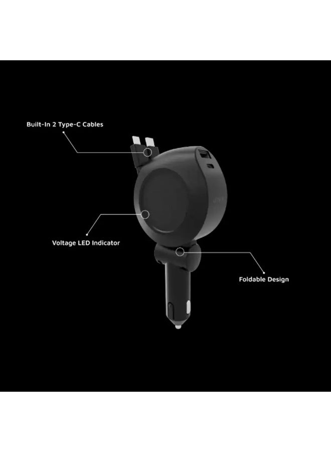 ليفيلو شاحن سيارة جلد سافيانو 4 في 1 لون أسود، شحن سريع للآيفون والأندرويد في سيارات 12–24 فولت، تايب سي PD 30 واط، سلكين تايب سي قابلين للسحب 80 سم، منفذ يو اس بي 18 واط، مؤشر فولتية LED، حماية أمان - Image 3