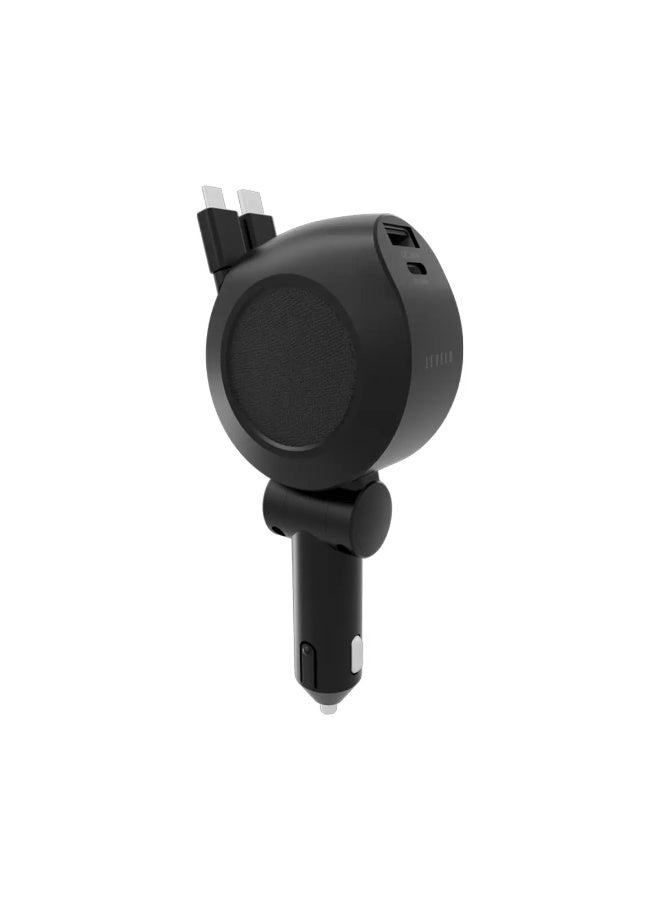 ليفيلو شاحن سيارة جلد سافيانو 4 في 1 لون أسود، شحن سريع للآيفون والأندرويد في سيارات 12–24 فولت، تايب سي PD 30 واط، سلكين تايب سي قابلين للسحب 80 سم، منفذ يو اس بي 18 واط، مؤشر فولتية LED، حماية أمان - Image 4