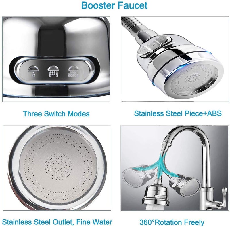 HENIJ Kitchen Faucet Head 360 Universal Rotatable Faucet Sprayer Sprayer Head Replacement Anti Splash Tap Booster Shower and Water Saving Faucet with 3 Modes Adjustment Pack of 1 LONG - Image 5