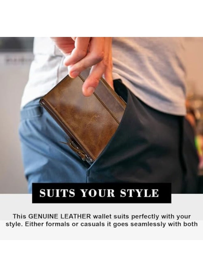 إكسفور محفظة جلدية أصلية للرجال، محفظة قابلة للطي مع حماية من RFID، محفظة غير رسمية بسحاب مع جيب عملات، محفظة رجال كبيرة سعة، مناسبة للأعمال Leisure هدية للأب أو الزوج أو الصديق أو الابن، بني - Image 3