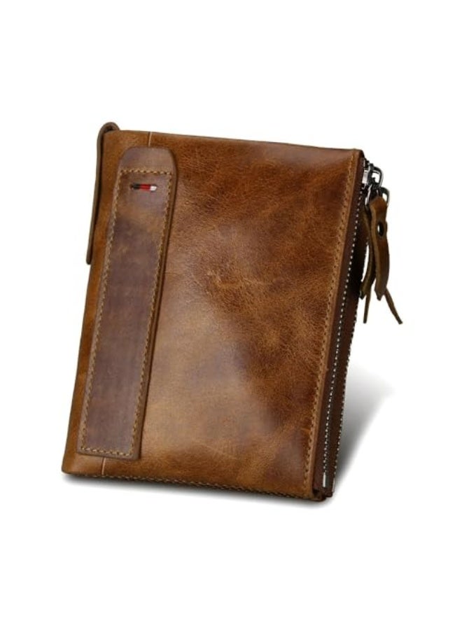 إكسفور محفظة جلدية أصلية للرجال، محفظة قابلة للطي مع حماية من RFID، محفظة غير رسمية بسحاب مع جيب عملات، محفظة رجال كبيرة سعة، مناسبة للأعمال Leisure هدية للأب أو الزوج أو الصديق أو الابن، بني - Image 1