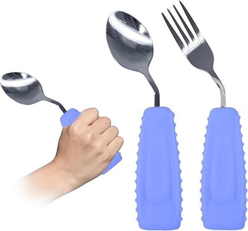 Ehucon Adaptive Utensils,Weighted Angled Silverware,Parkinsons Aids,Angled Silverware Spoon and Fork Set for Elderly, Arthritis, Dementia, Disable, Handicapped Hands (Right Hand,Pack of 2,Purple) - Image 1