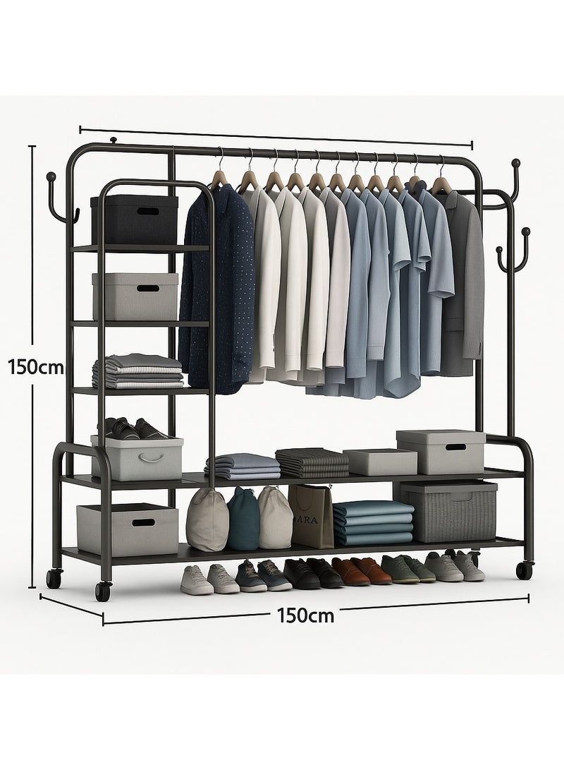 Living Extra Large Metal Clothes Rack with Side Shelves and Shoe Storage – 150cm Wide Heavy Duty Garment Organizer on Wheels – Black 