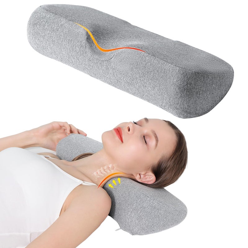 RESTCLOUD Cervical Neck Pillow for Sleeping Memory Foam Pillow Neck Bolster Pillow for Stiff Neck Pain Relief Neck Support Pillow Cervical Pillows for Pain Relief Sleeping Bed PillowLight Grey
