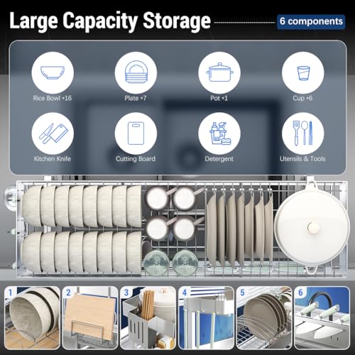 HASTHIP® Adjustable Over Sink Dish Rack Double Layer Space Saving Utensils Organizer Bartan Stand Stainless Steel Drying Rack Fit 53-68 cm Wide Sink - Image 3
