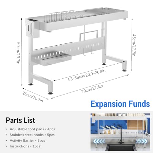 HASTHIP® Adjustable Over Sink Dish Rack Double Layer Space Saving Utensils Organizer Bartan Stand Stainless Steel Drying Rack Fit 53-68 cm Wide Sink - Image 2