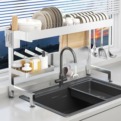 HASTHIP® Adjustable Over Sink Dish Rack Double Layer Space Saving Utensils Organizer Bartan Stand Stainless Steel Drying Rack Fit 53-68 cm Wide Sink - Image 1